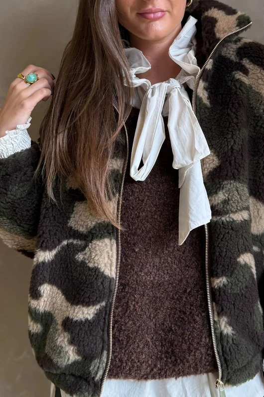 Kit Camo Sherpa Funnel Neck Bomber Jacket Khaki