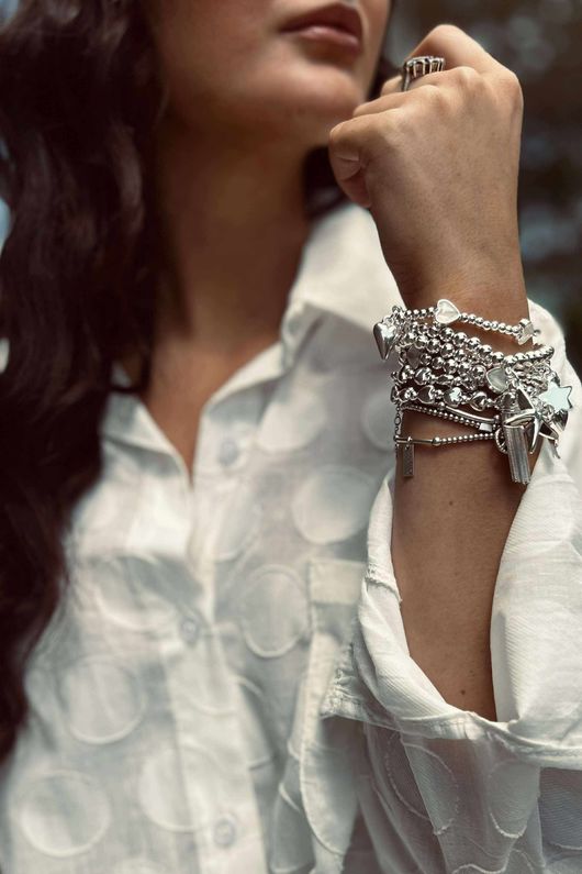 Laundry B Free Spirit Stretch Stacker Bracelet Mother of Pearl Hearts Silver /10 