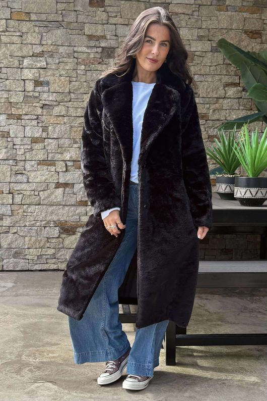 Mara Luxury Faux Fur Long Coat Black 