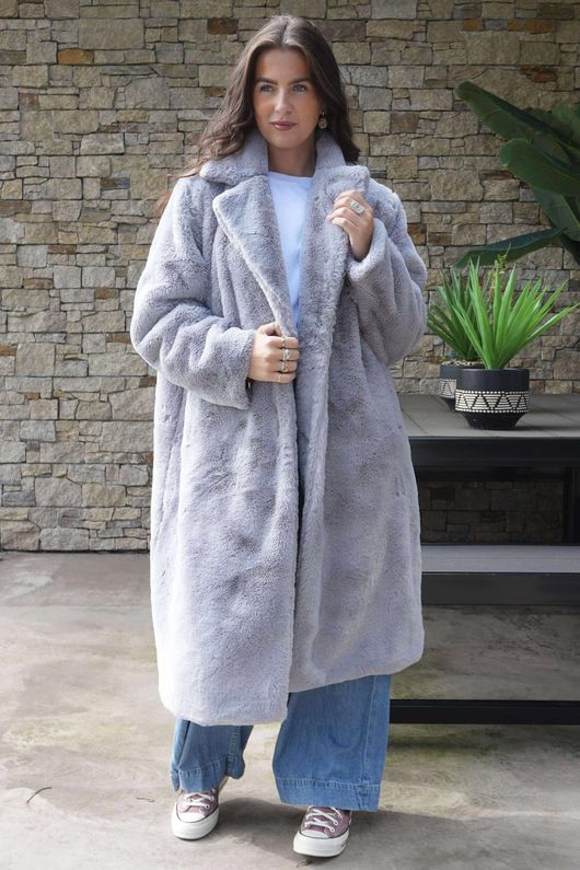 Laundry B Mara Luxury Faux Fur Long Coat Cloud Grey 