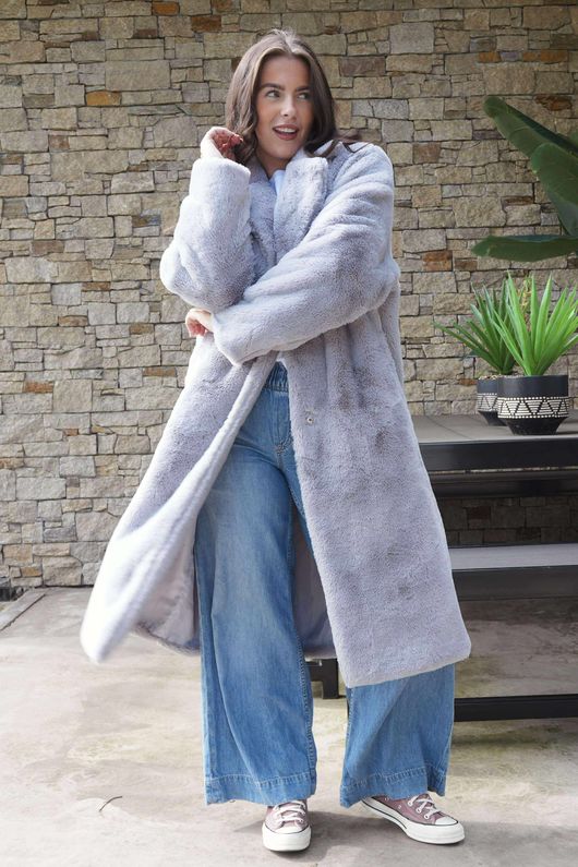 Laundry B Mara Luxury Faux Fur Long Coat Cloud Grey 