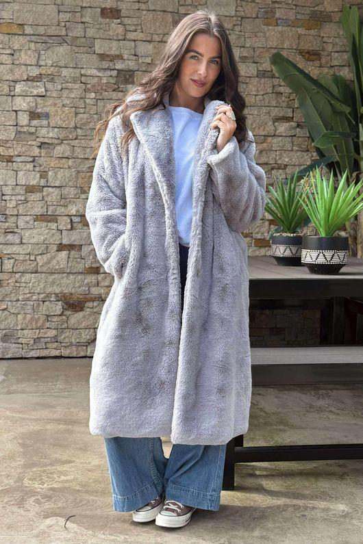 Laundry B Mara Luxury Faux Fur Long Coat Cloud Grey 