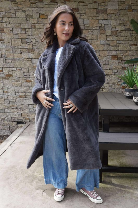 Laundry B Mara Luxury Faux Fur Long Coat Storm Grey 