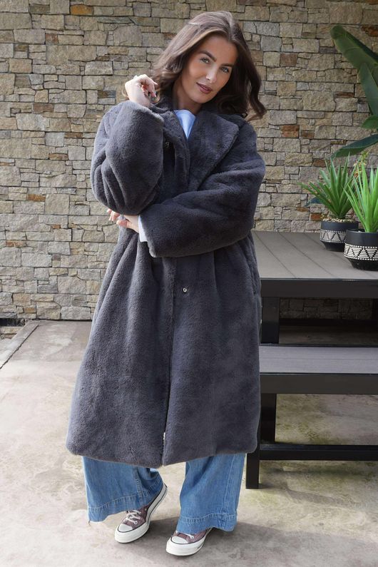 Laundry B Mara Luxury Faux Fur Long Coat Storm Grey 