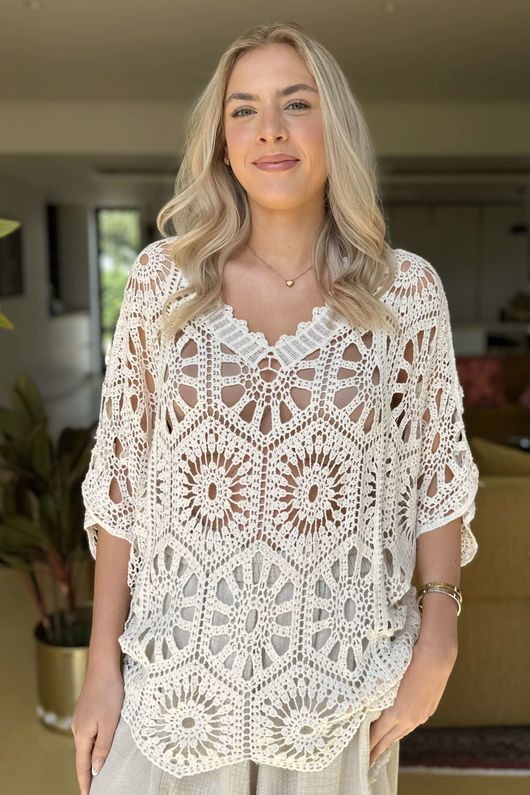 Laundry B Medina Crochet Double V Top Vintage Cream 