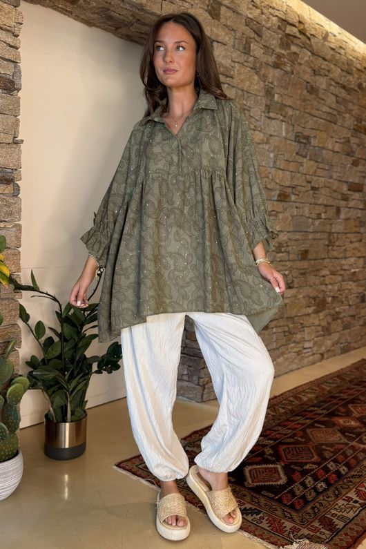 Laundry B Sophie Smock Top Paisley Stud Khaki  