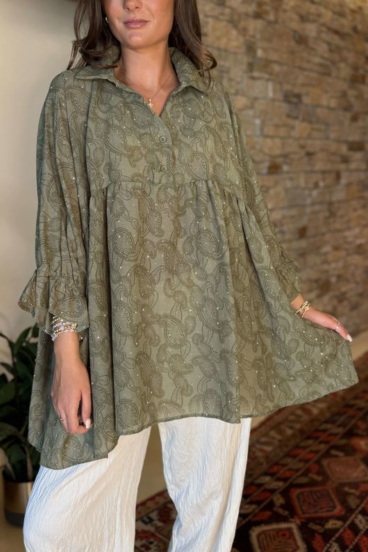 Laundry B Sophie Smock Top Paisley Stud Khaki