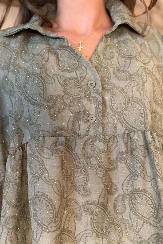 Laundry B Sophie Smock Top Paisley Stud Khaki