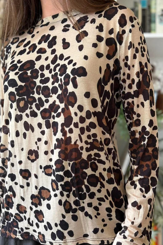 Leopard Cashmere Blend Layering Top Stone
