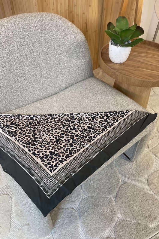 Leopard & Tile Border Triangle Silk Neckerchief Deep Khaki