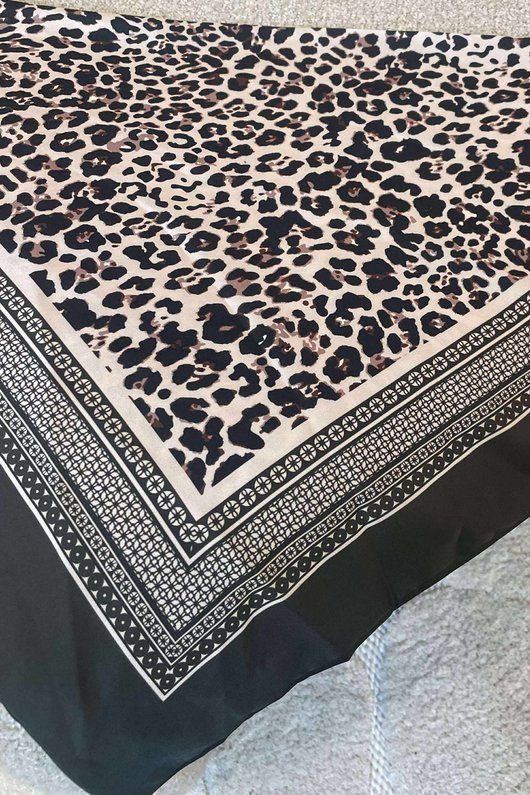 Leopard & Tile Border Triangle Silk Neckerchief Deep Khaki