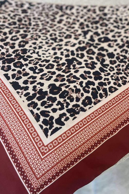 Leopard & Tile Border Triangle Silk Neckerchief Deep Rust