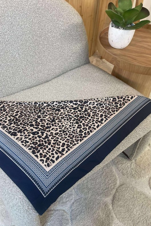 Leopard & Tile Border Triangle Silk Neckerchief Navy