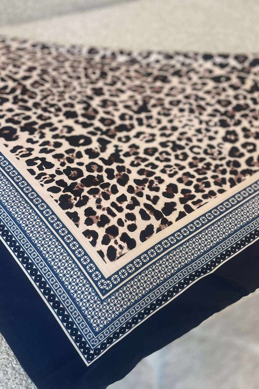 Leopard & Tile Border Triangle Silk Neckerchief Navy