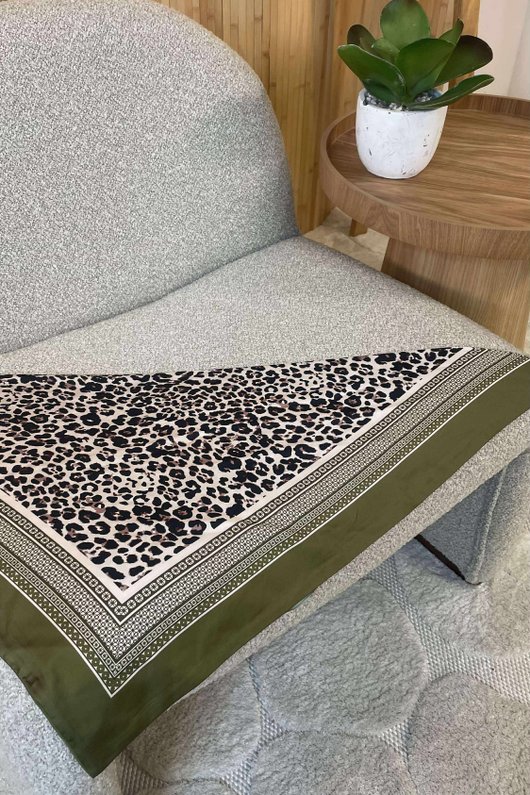 Leopard & Tile Border Triangle Silk Neckerchief Olive