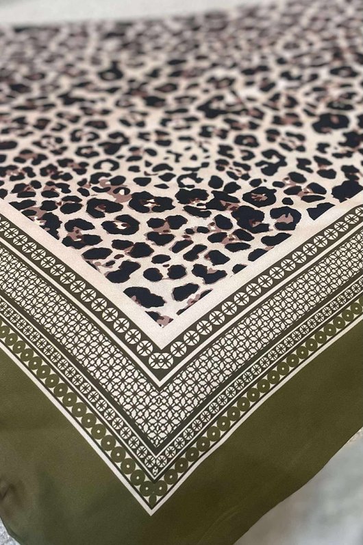Leopard & Tile Border Triangle Silk Neckerchief Olive
