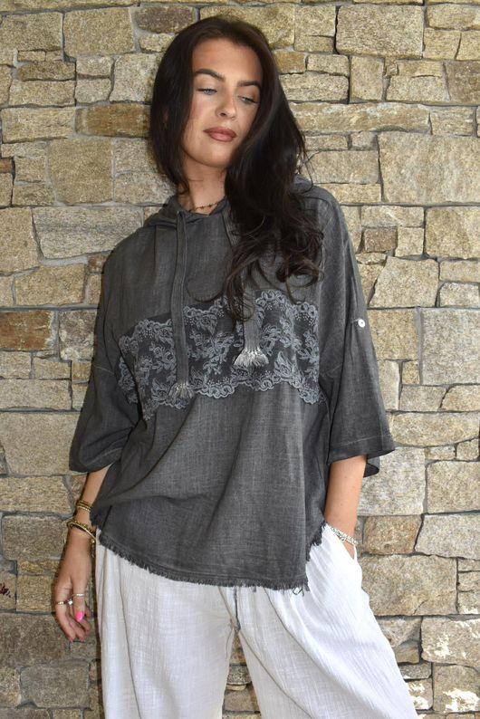 Lin & Lace Linen Blend Hoodie Washed Charcoal