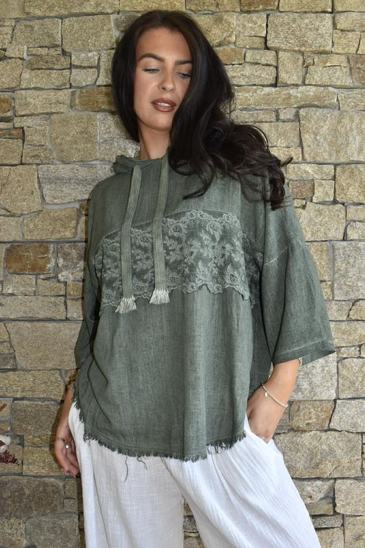 Lin & Lace Linen Blend Hoodie Washed Moss