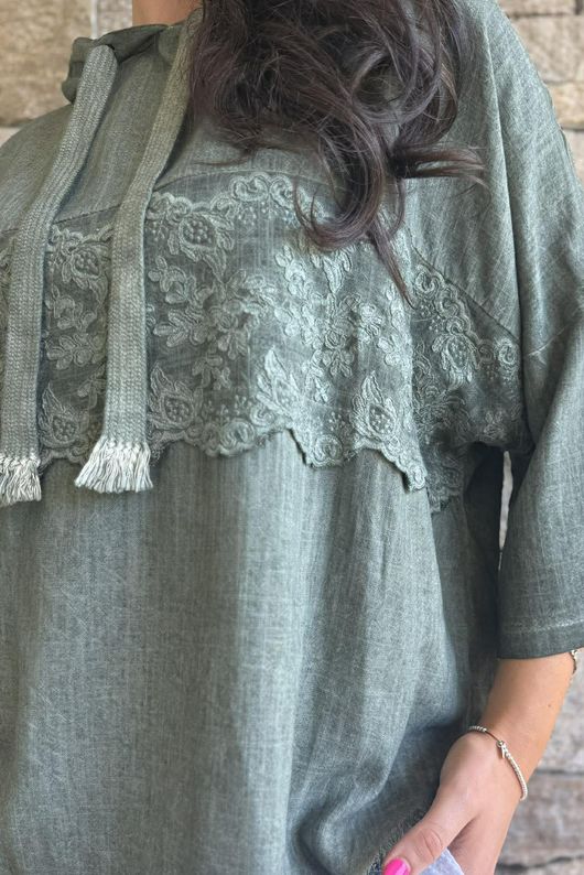 Lin & Lace Linen Blend Hoodie Washed Moss