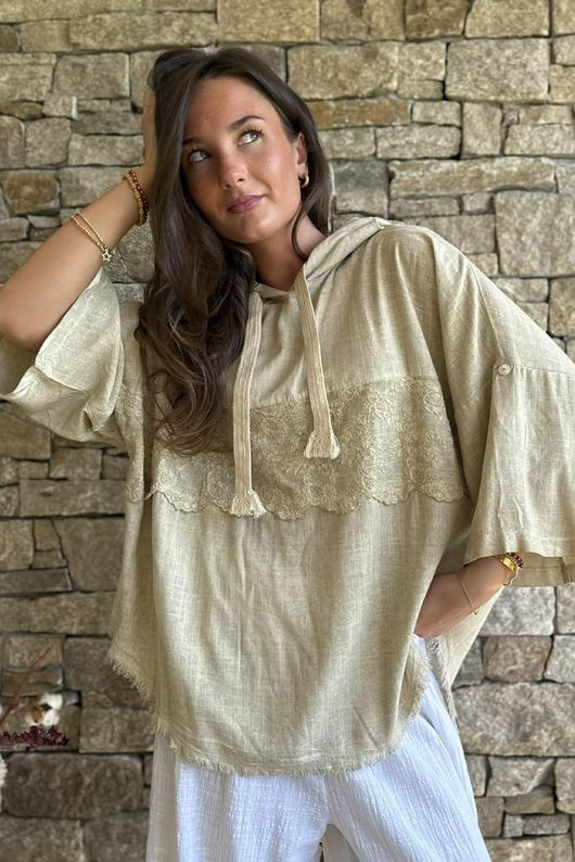 Lin & Lace Linen Blend Hoodie Washed Sandstone