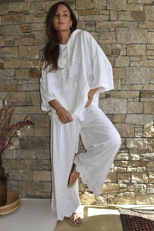 Lin & Lace Linen Blend Hoodie White