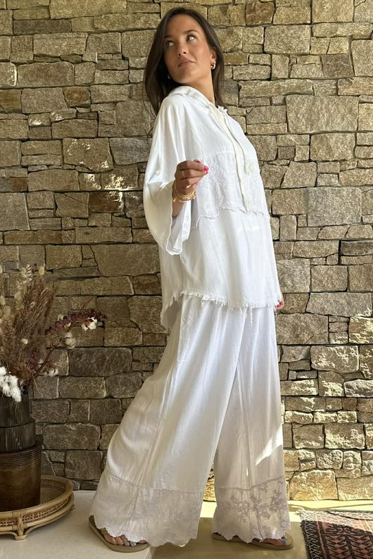 Lin & Lace Linen Blend Hoodie White