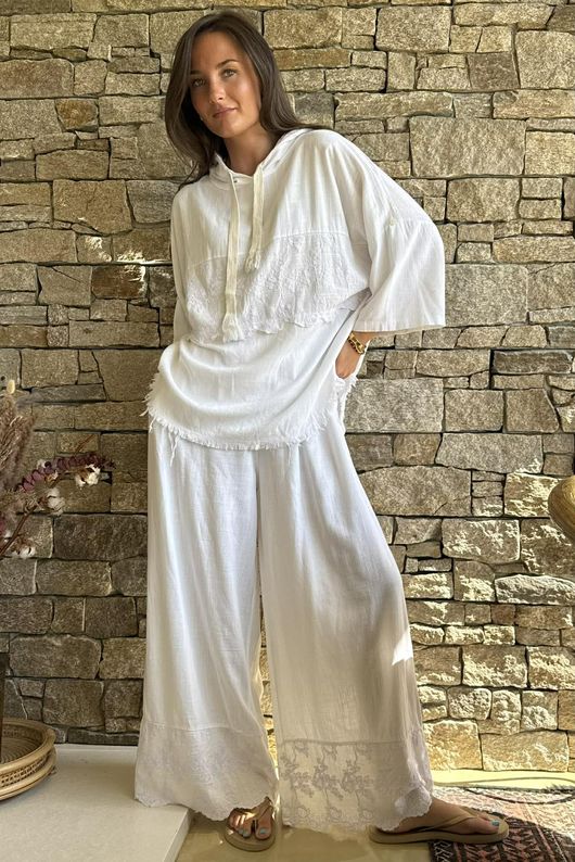 Lin & Lace Linen Blend Hoodie White