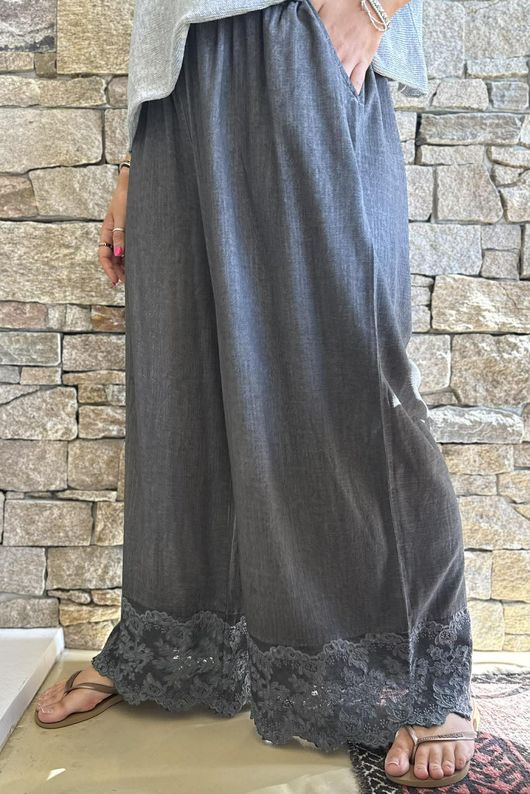 Lin & Lace Linen Blend Wide Leg Pants Washed Charcoal