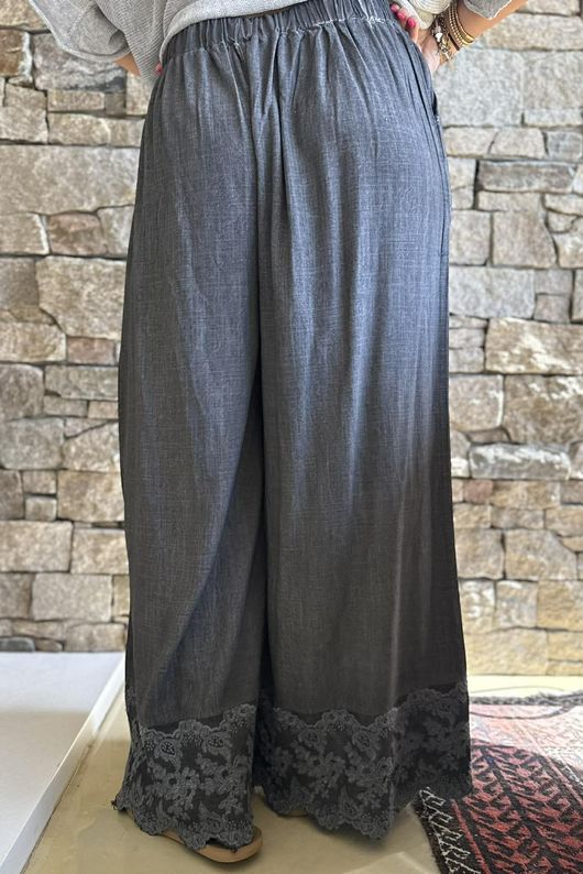 Lin & Lace Linen Blend Wide Leg Pants Washed Charcoal