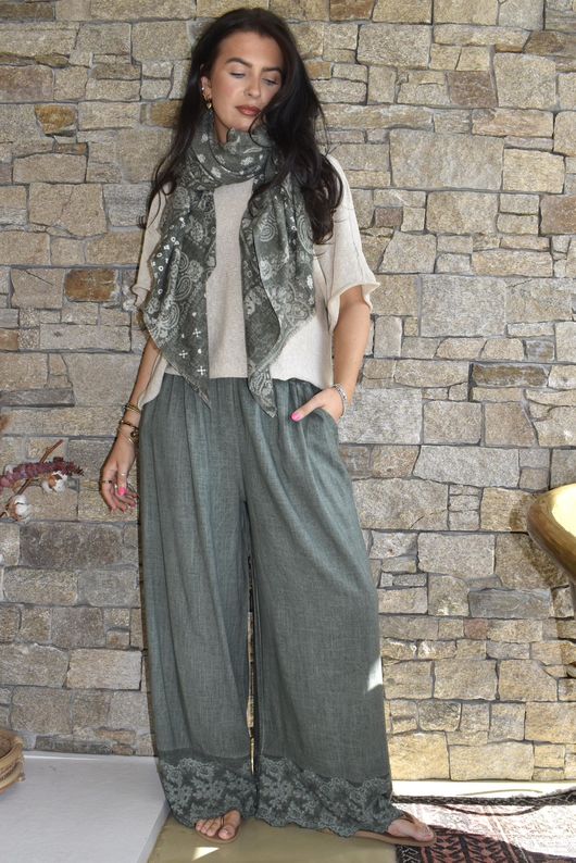 Lin & Lace Linen Blend Wide Leg Pants Washed Moss