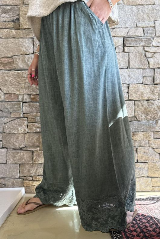 Lin & Lace Linen Blend Wide Leg Pants Washed Moss