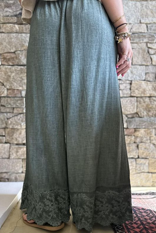 Lin & Lace Linen Blend Wide Leg Pants Washed Moss