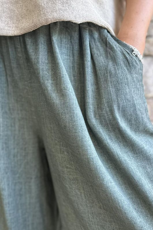 Lin & Lace Linen Blend Wide Leg Pants Washed Moss