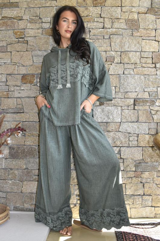 Lin & Lace Linen Blend Wide Leg Pants Washed Moss