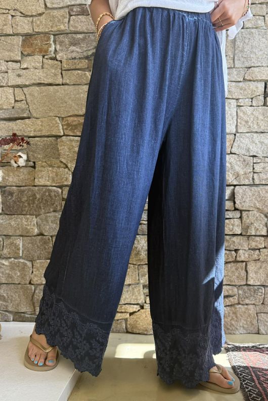 Lin & Lace Linen Blend Wide Leg Pants Washed Navy