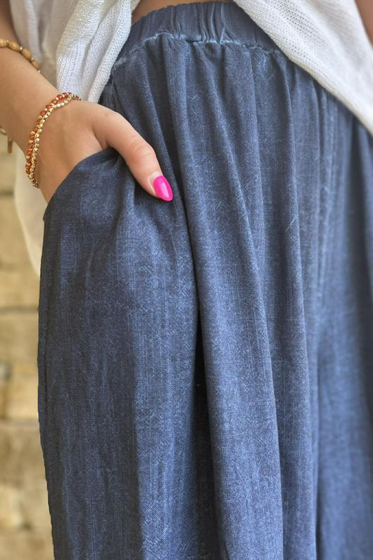 Lin & Lace Linen Blend Wide Leg Pants Washed Navy