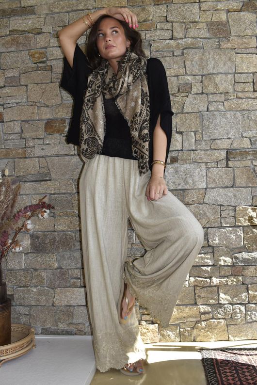 Lin & Lace Linen Blend Wide Leg Pants Washed Sandstone
