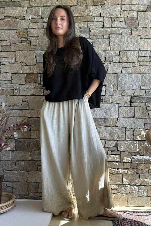 Lin & Lace Linen Blend Wide Leg Pants Washed Sandstone