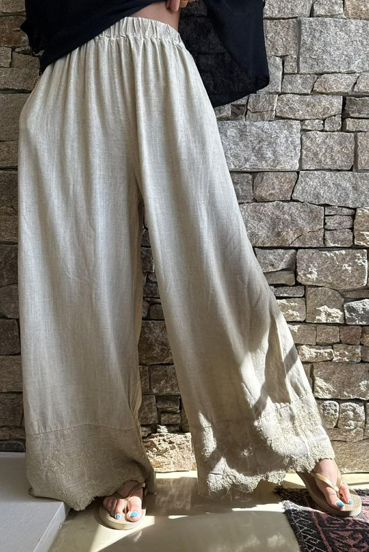 Lin & Lace Linen Blend Wide Leg Pants Washed Sandstone