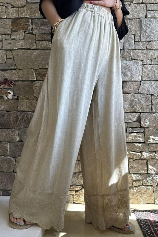 Lin & Lace Linen Blend Wide Leg Pants Washed Sandstone
