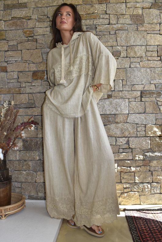 Lin & Lace Linen Blend Wide Leg Pants Washed Sandstone