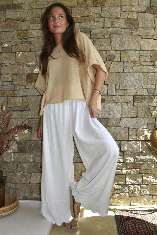 Lin & Lace Linen Blend Wide Leg Pants White