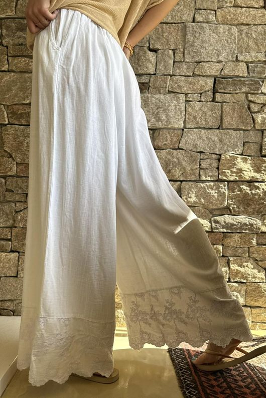 Lin & Lace Linen Blend Wide Leg Pants White