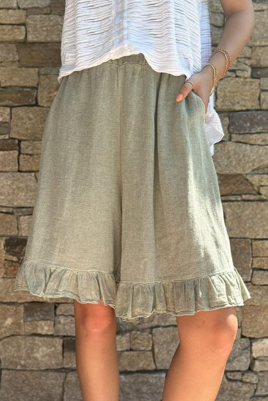 Lina Linen Blend Frill Short Washed Khaki