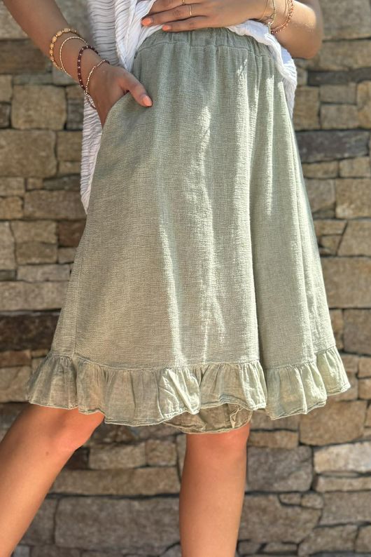 Lina Linen Blend Frill Short Washed Khaki
