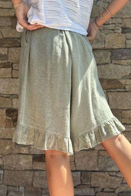 Lina Linen Blend Frill Short Washed Khaki