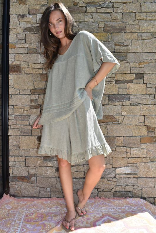 Lina Linen Blend Frill Short Washed Khaki