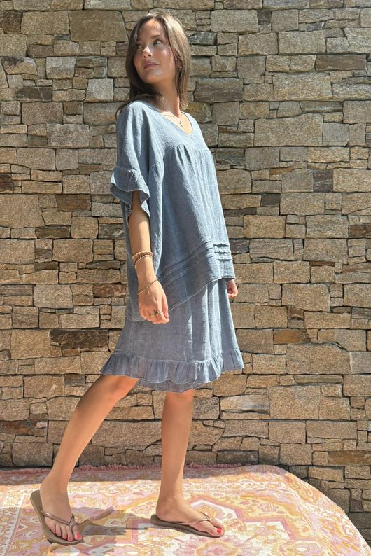Lina Linen Blend Smock Top Washed Denim
