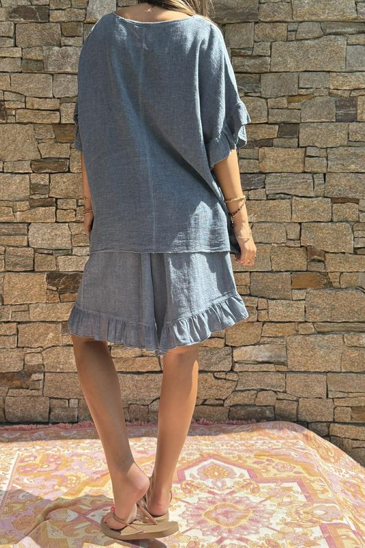 Lina Linen Blend Smock Top Washed Denim