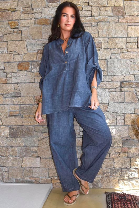 Lindin Linen Blend Button Barrel Pant Washed Navy